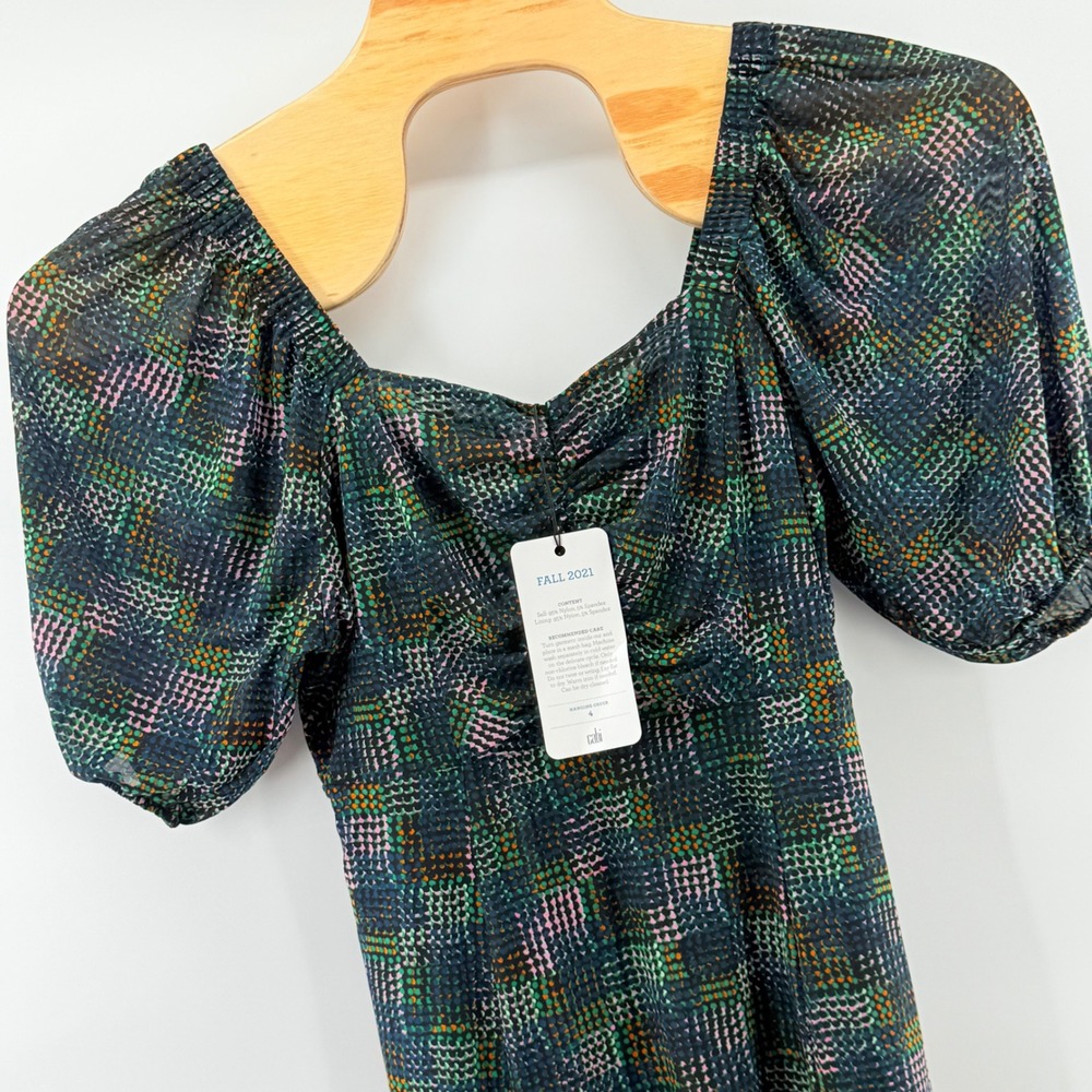 Cabi Elaine Dress Medium Open Road Artsy 3D Print Smock Boho Sheer Puff Sleeve